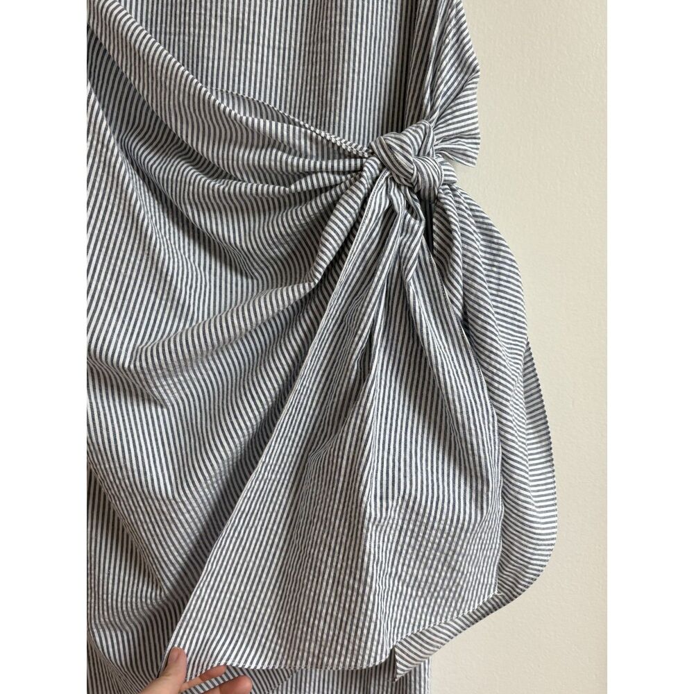 Blue Cotton Pinstripe Pencil Skirt S 4 Boutique Wrap Sarong Midi Bow Tie Summer - Picture 10 of 10
